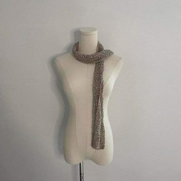 Handmade Open Knit Skinny Scarf  | Neutral Taupe Boho Y2K - Picture 2 of 4